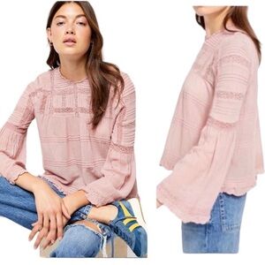 Free People Olivia Peony Pink Lace Eyelet Crinkle Bell Sleeve Blouse - S